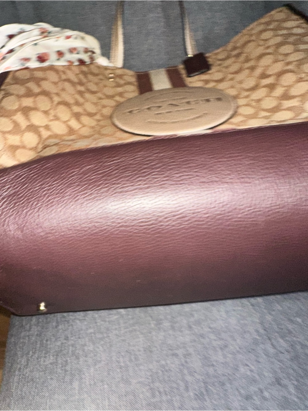 Coach Beige Canvas Tote with Burgundy Stripe and Brown Trim - Picture 8 of 9